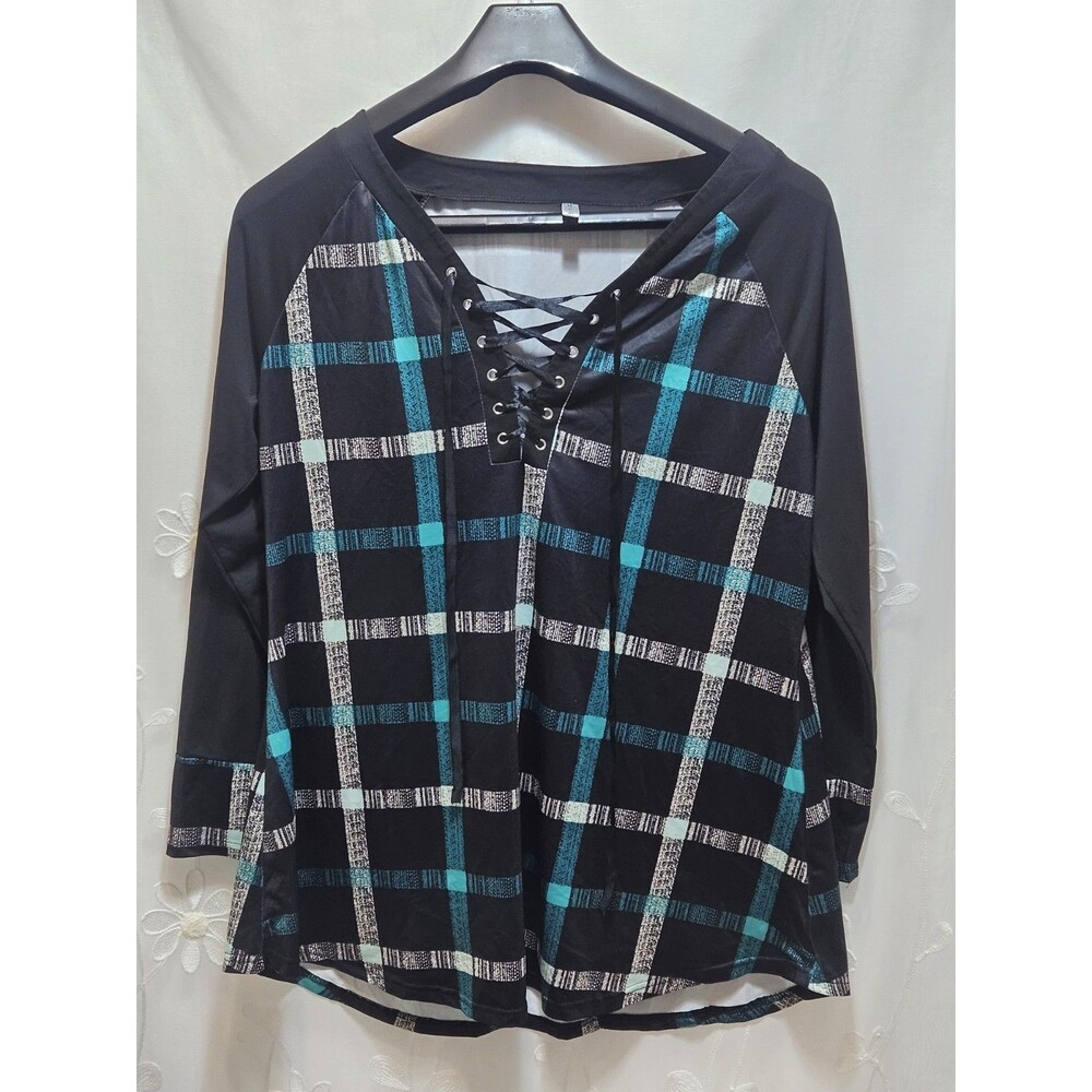 Rosegal Women Large Teal Black Top Lace up Lagenlook Tunic 90s Rock 3/4 Sleeves